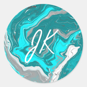 Blue, Teal and Turquoise Marble Fluid Art Monogram Classic Round Sticker