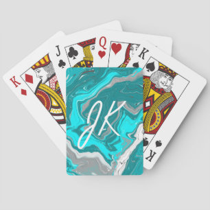 Blue, Teal and Turquoise Marble Fluid Art Monogram Playing Cards