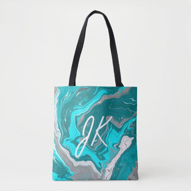 Blue, Teal and Turquoise Marble Fluid Art Monogram Tote Bag (Front)