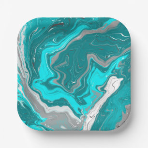 Blue, Teal and Turquoise Marble Fluid Art Paper Plate