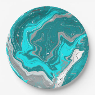 Blue, Teal and Turquoise Marble Fluid Art   Paper Plate