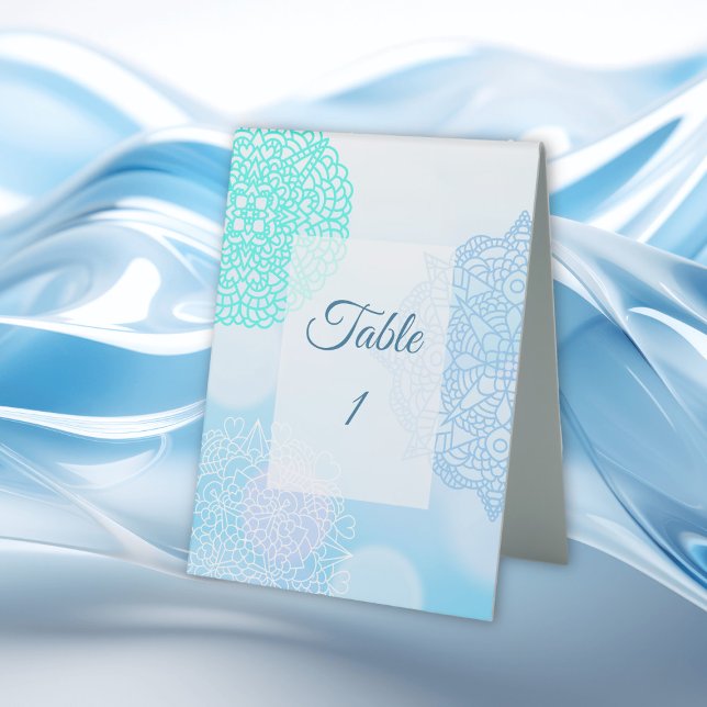 Blue, Teal and White Mandala Wedding Table Card  (Creator Uploaded)