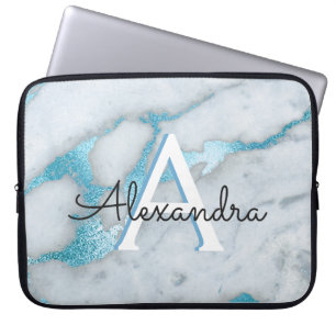 Blue Teal and White Marble Monogrammed Laptop Sleeve