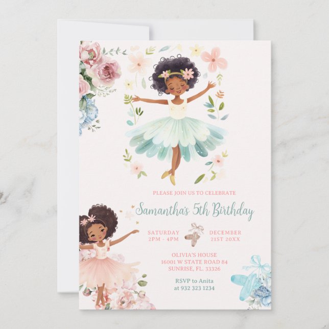 Blue Teal Ballerina Dark Skin Girl Birthday Invitation (Front)