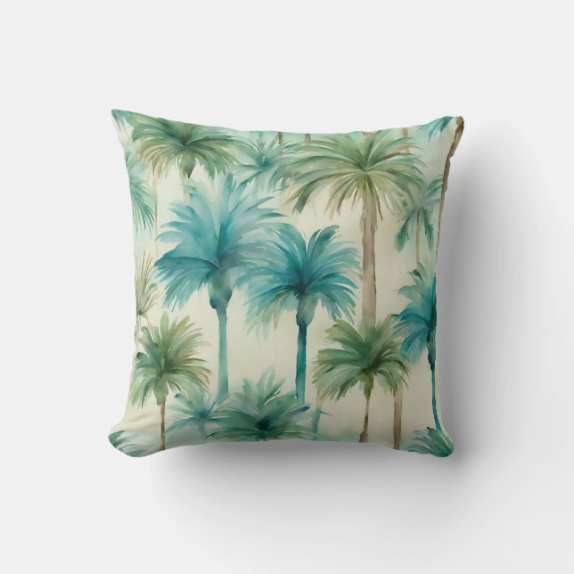 Blue Teal Beige Watercolor Palm Trees Tropical  Cushion (Front)