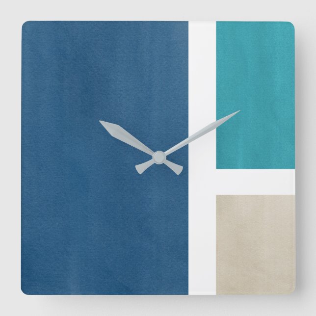 Blue Teal Beige White Modern Square Wall Clock (Front)