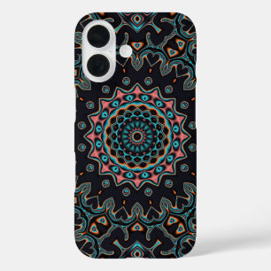 Blue Teal Black Pink Mandala Boho Pattern iPhone 16 Case