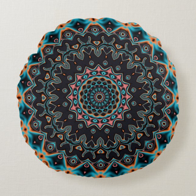 Blue Teal Black Pink Mandala Boho Pattern Round Cushion (Front)