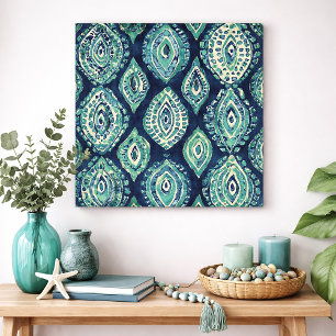 Blue Teal Boho Ikat Medallion Pattern Modern Coast Poster