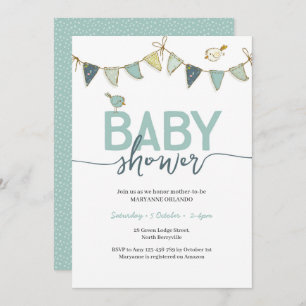 Blue Teal Boy Baby Bunting Baby Shower Invitation