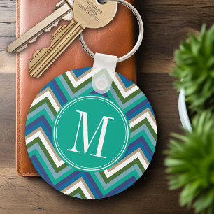 Blue & Teal Chevron Pattern with Monogram Key Ring