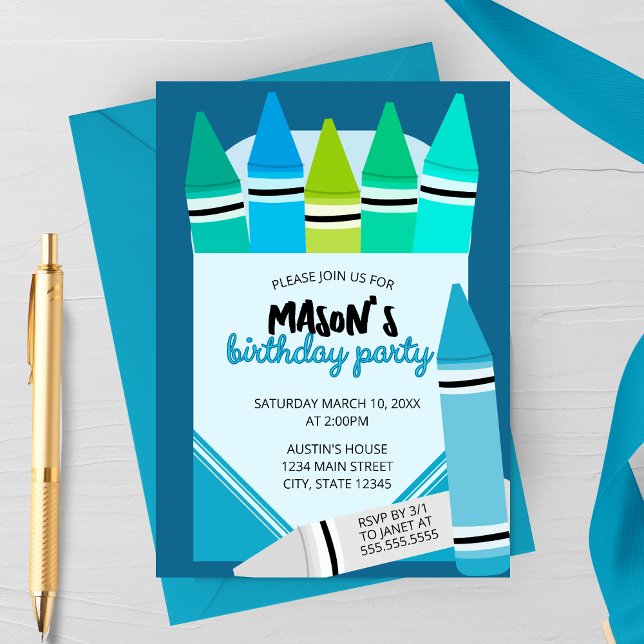 Blue & Teal Crayon Birthday Party Invitation (Creator Uploaded)