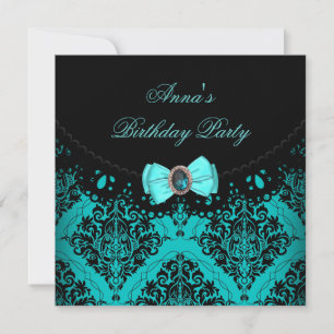 Blue Teal Damask Lace Elegant Birthday Party Invitation