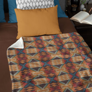 Blue Teal Dark Brown Beige Orange Red Tribal Art Fleece Blanket