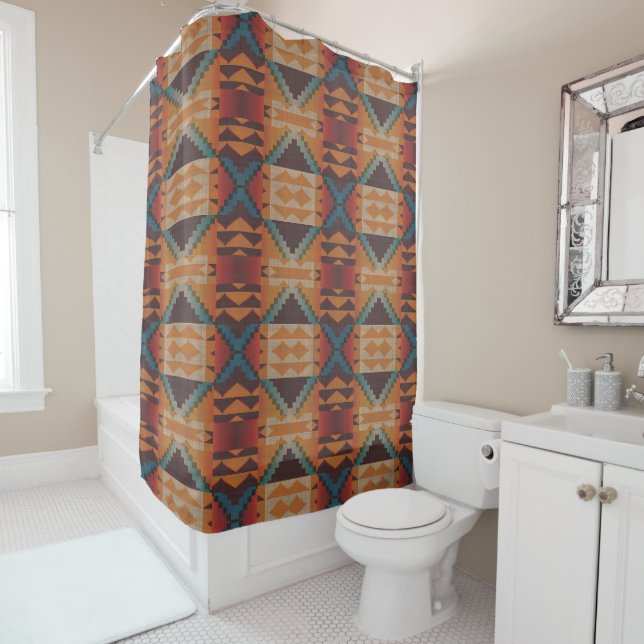 Blue Teal Dark Brown Beige Orange Red Tribal Art Shower Curtain (In Situ)