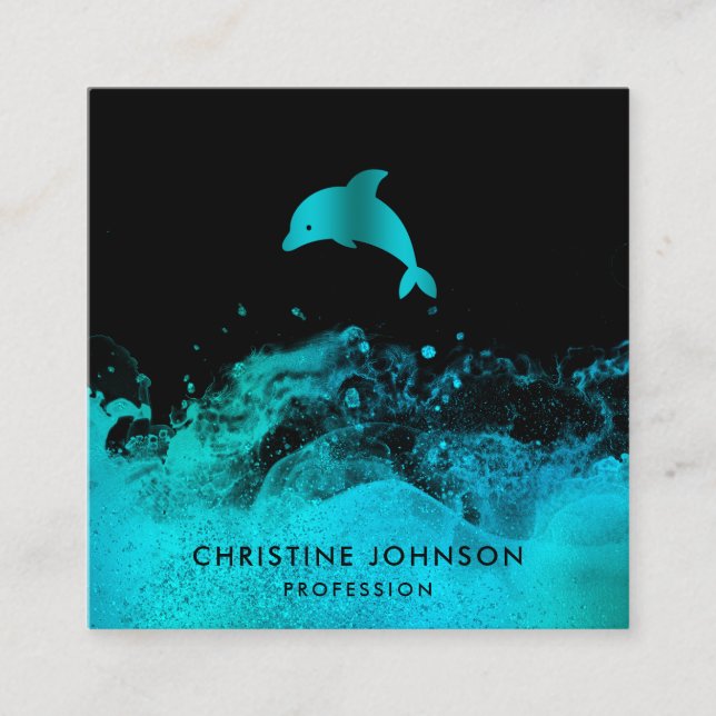 blue teal dolphin on black square business card (Front)