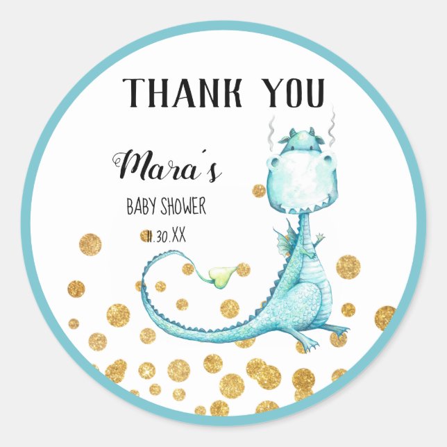 *~* Blue Teal Dragon Glitter Baby Shower Thank You Classic Round Sticker (Front)