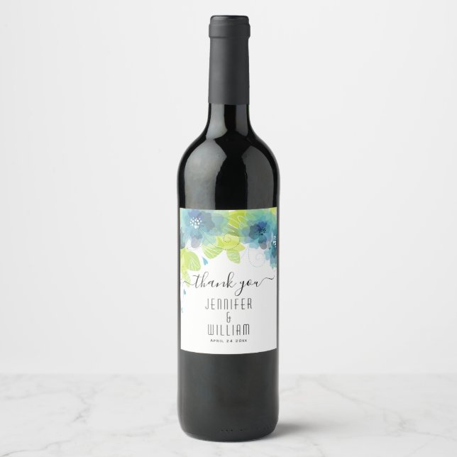 Blue, teal ethereal flowers calligraphy wedding wine label (Front)