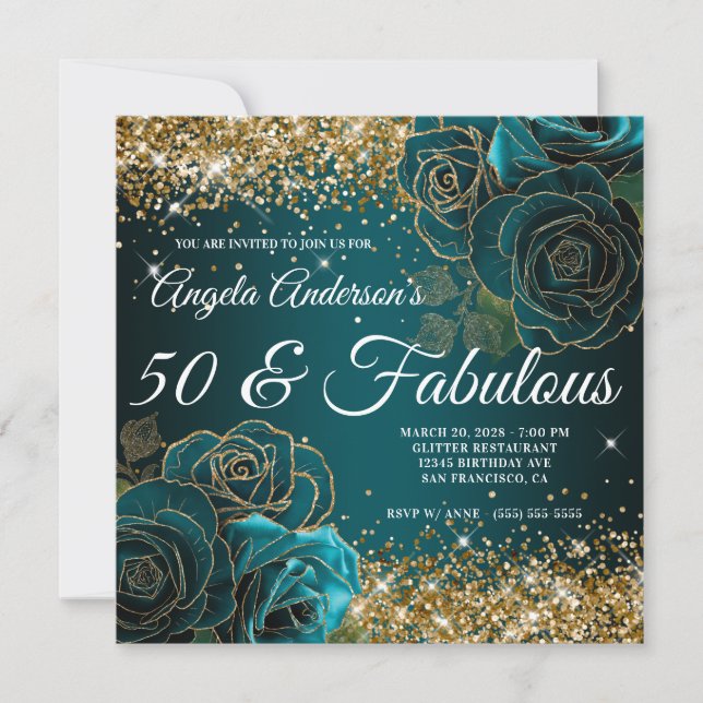 Blue Teal Floral Gold Glitter Glam 50 & Fabulous Invitation (Front)