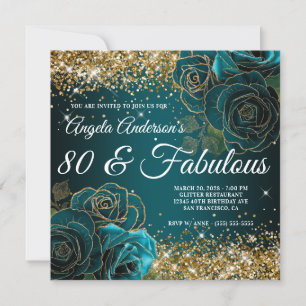 Blue Teal Floral Gold Glitter Glam 80 & Fabulous Invitation