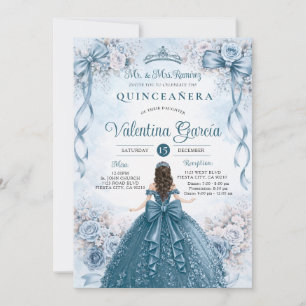 Blue Teal Floral Ribbon Bow Quinceañera Birthday Invitation