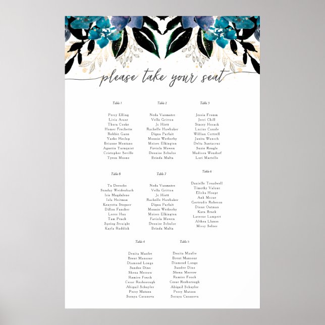 Blue teal Floral Wedding border Poster (Front)