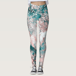 Blue Teal Galaxy Rose Glitter Elegant Design Leggings