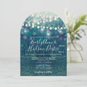Blue Teal Garland of Fairy Lights Forest Wedding Invitation