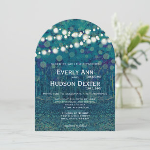 Blue Teal Garland of Lights Forest Wedding Invitation
