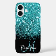 Blue, Teal, Glitter, Name and Monogram, Girly