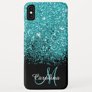 Blue, Teal, Glitter, Name and Monogram, Girly iPhone XS Max Case