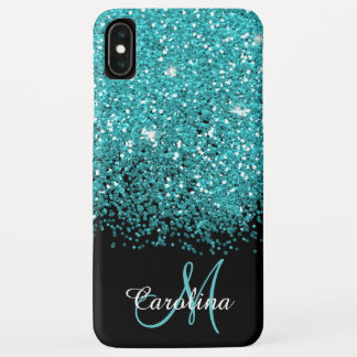 Blue, Teal, Glitter, Name and Monogram, Girly iPhone XS Max Case