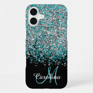 Blue, Teal, Glitter, Name and Monogram, Girly iPhone 16 Plus Case