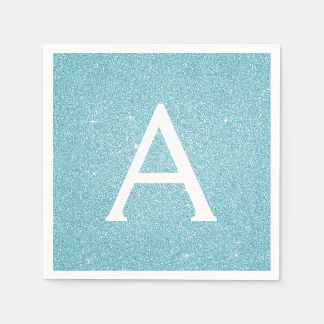 Blue Teal Glitter & Sparkle Monogram Birthday Napkin (Front)