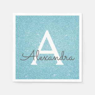 Blue Teal Glitter & Sparkle Monogram Birthday Napkin
