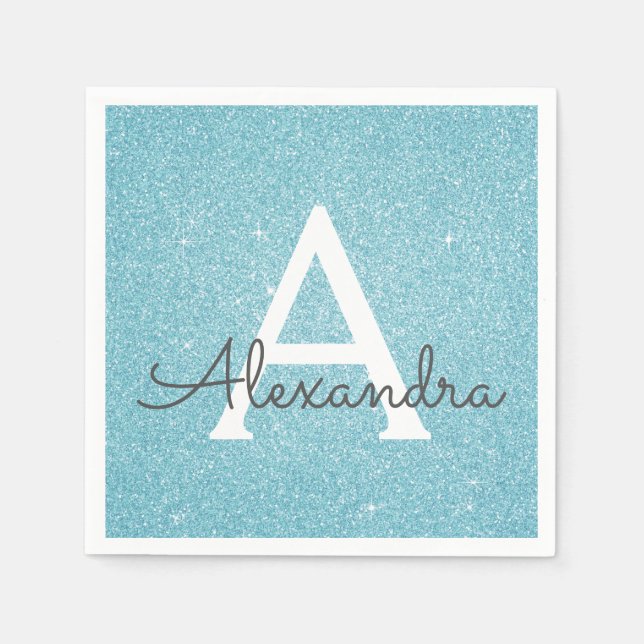 Blue Teal Glitter & Sparkle Monogram Birthday Napkin (Front)