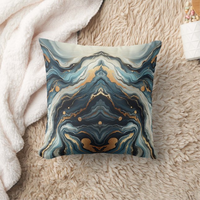 Blue Teal Gold Agate Modern Glam Elegant Beachy Cushion (Blanket)
