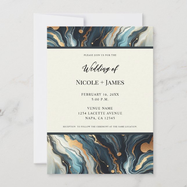 Blue Teal Gold Agate Modern Glam Elegant Wedding Invitation (Front)