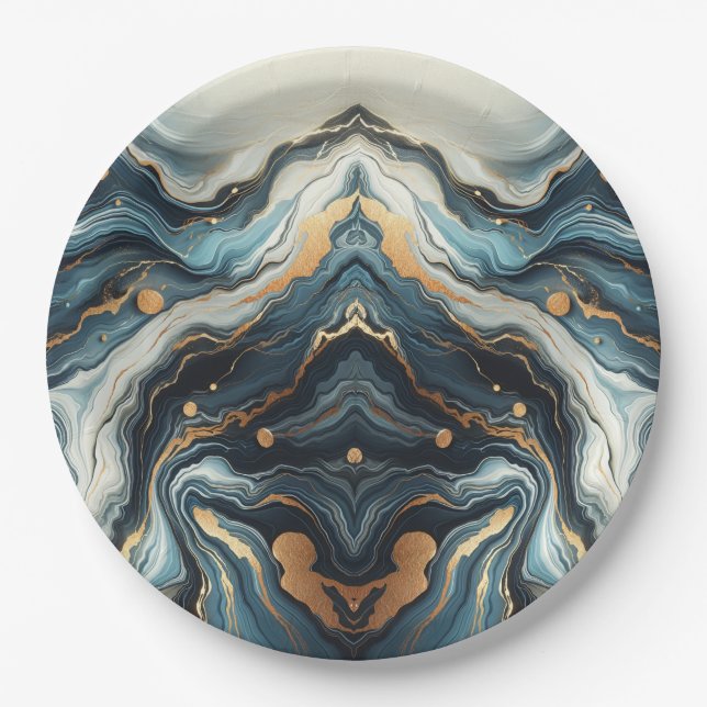 Blue Teal Gold Agate Modern Glam Elegant Wedding Paper Plate (Front)