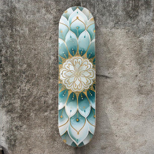 Blue Teal Gold Floral Mandala Skateboard
