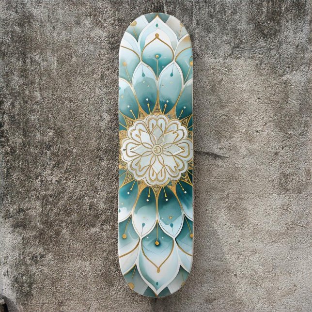 Blue Teal Gold Floral Mandala Skateboard (Creator Uploaded)