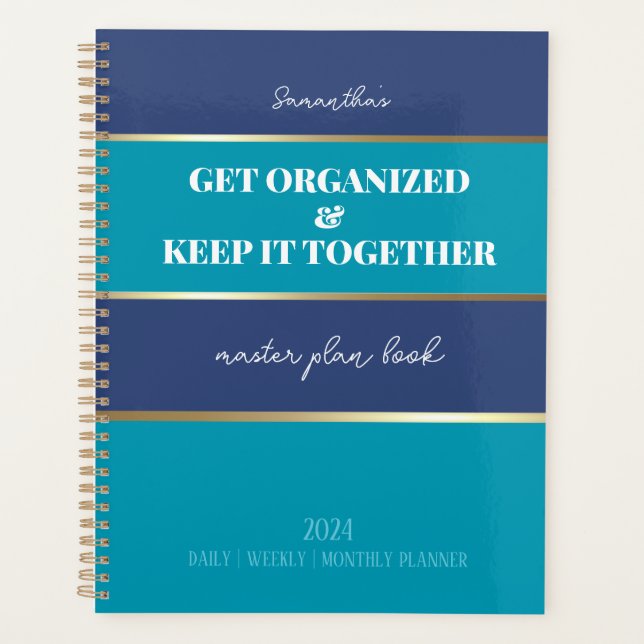 Blue Teal Gold Modern Trendy Daily Weekly Monthly Planner (Front)
