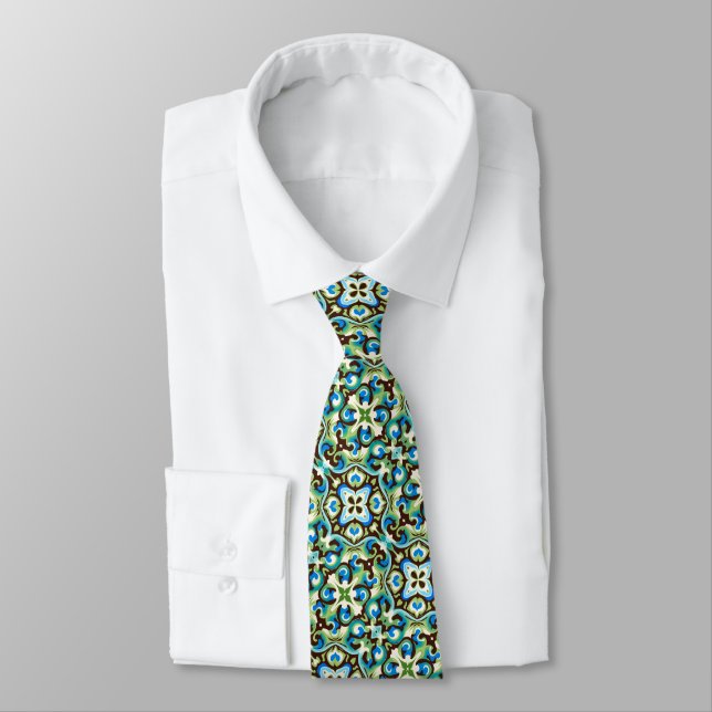 Blue, Teal, Green & Chocolate Pattern Tie (Tied)