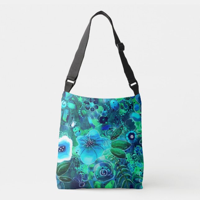 Blue Teal Green Floral Abstract Art Flower Flowers Crossbody Bag (Front)
