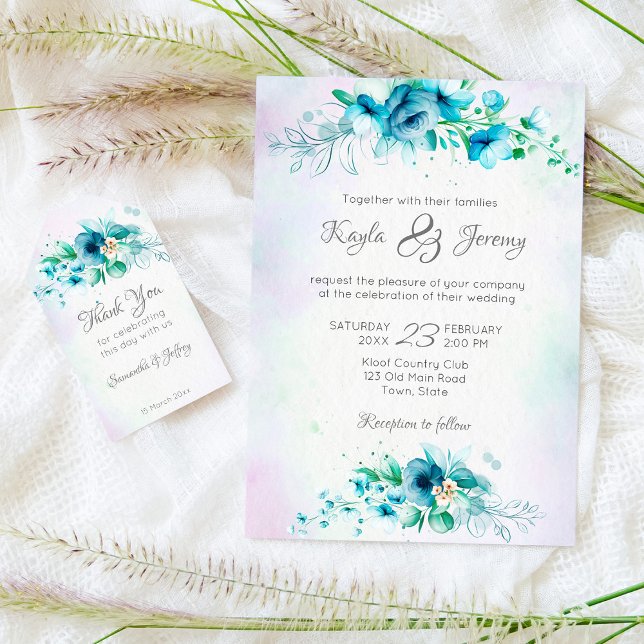Blue teal green flowers floral  invitation (Creator Uploaded)