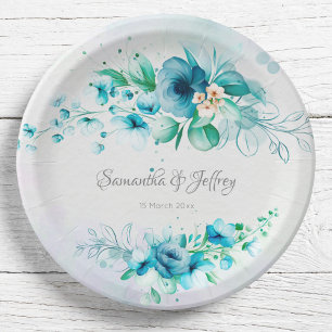 Blue teal green flowers floral  paper plate