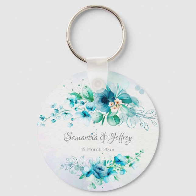 Blue teal green flowers floral personalised key ring (Front)
