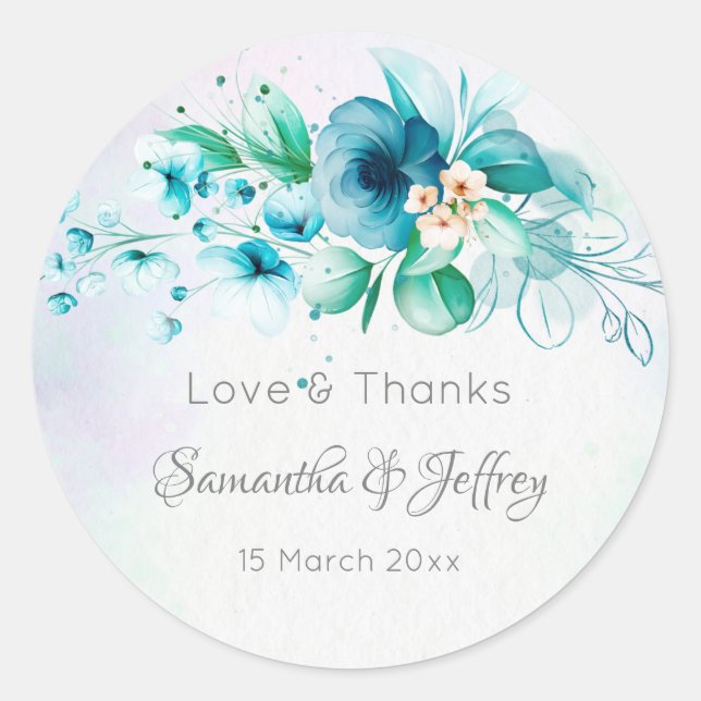 Blue teal green flowers floral wedding gifts favou classic round sticker (Front)