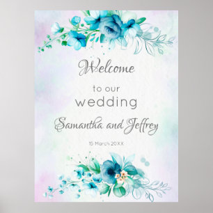 Blue teal green flowers floral welcome sign