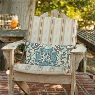 Blue Teal Green Grey Taupe Brown Orient Tribal Art Lumbar Cushion